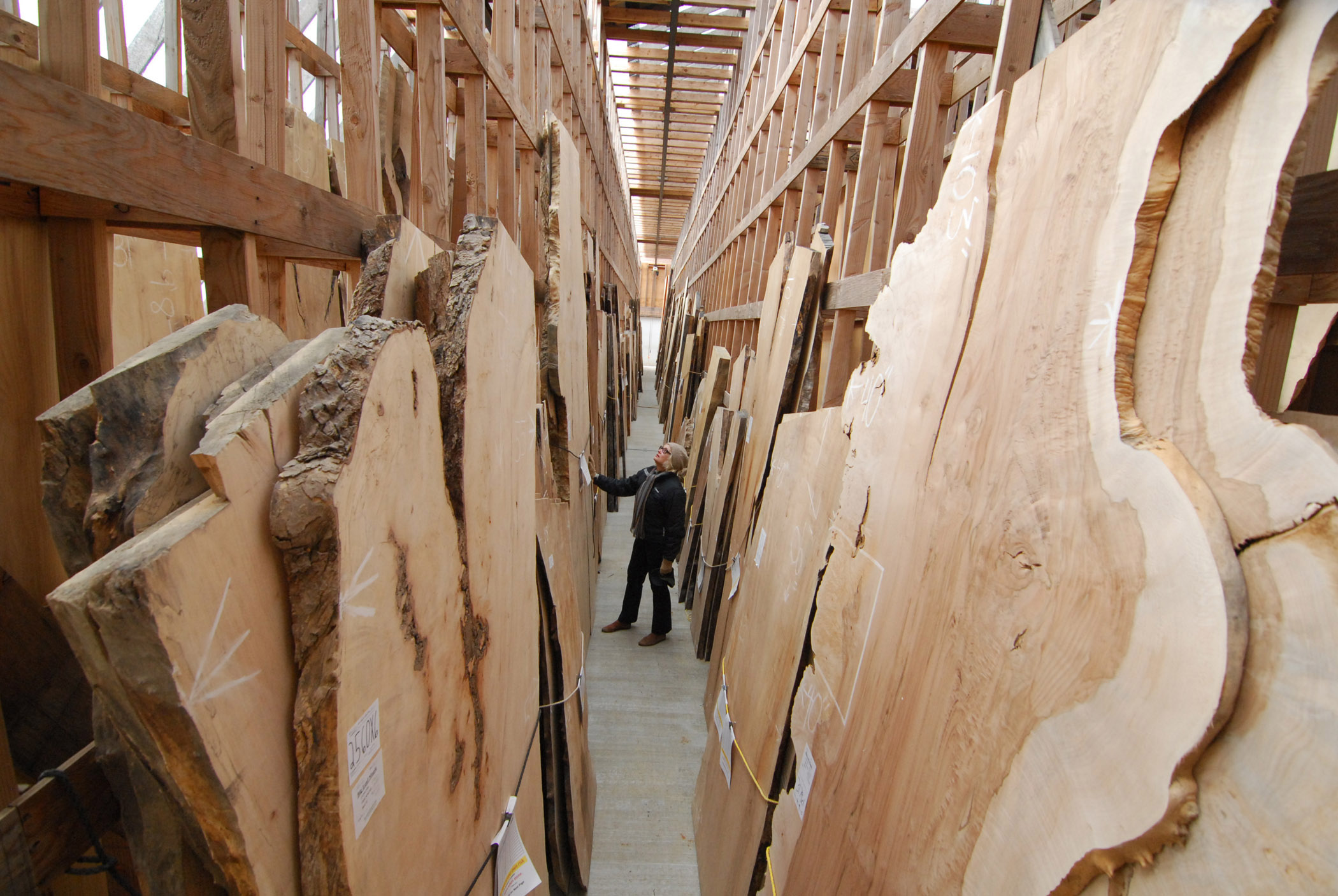 Woman standing in an aisle of one of Berkshire Products buildings surrounded by large live edge slabs and burls.